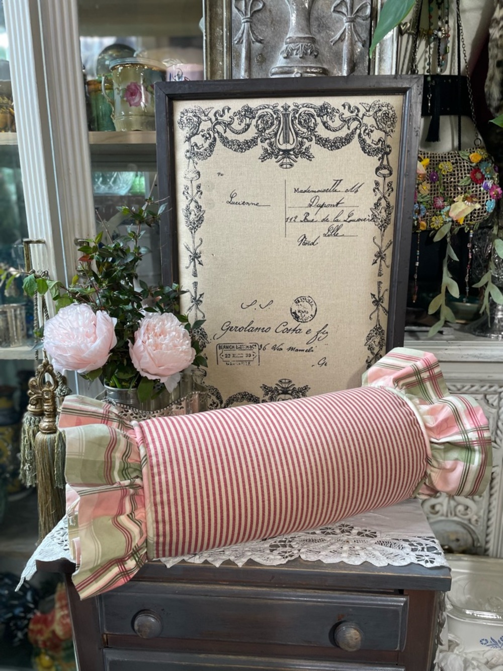 Vintage pink green plaid stripe cotton ruffle bolster accent pillow French Cntry